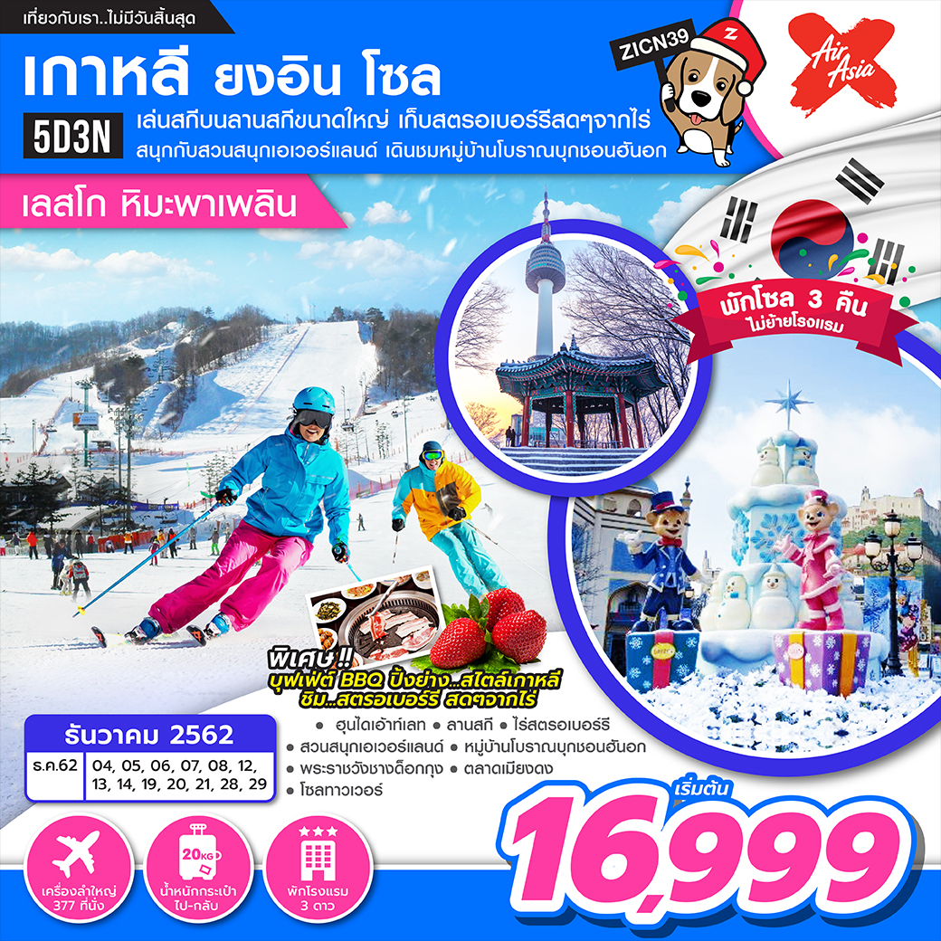  ทัวร์เกาหลี  ยงอิน โซล เลสโกหิมะพาเพลิน 5 วัน 3 คืน (DEC19)(ZICN39)